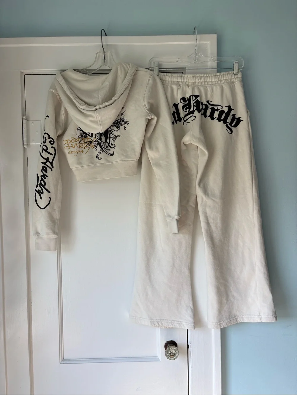 Ed Hardy Y2K Brave Eagle Cropped Wide Leg Ivory Cream Tracksuit Goth Grunge Set